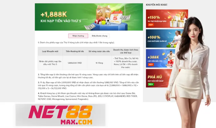 Net88 tặng tiền thứ 5 hàng tuần áp dụng cho cược thủ hoàn tất 15 vòng cược Net88 tặng tiền thứ 5 hàng tuần áp dụng cho cược thủ hoàn tất 15 vòng cược